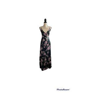 Tularosa Black Floor Length Satin Floral Summer Maxi Dress